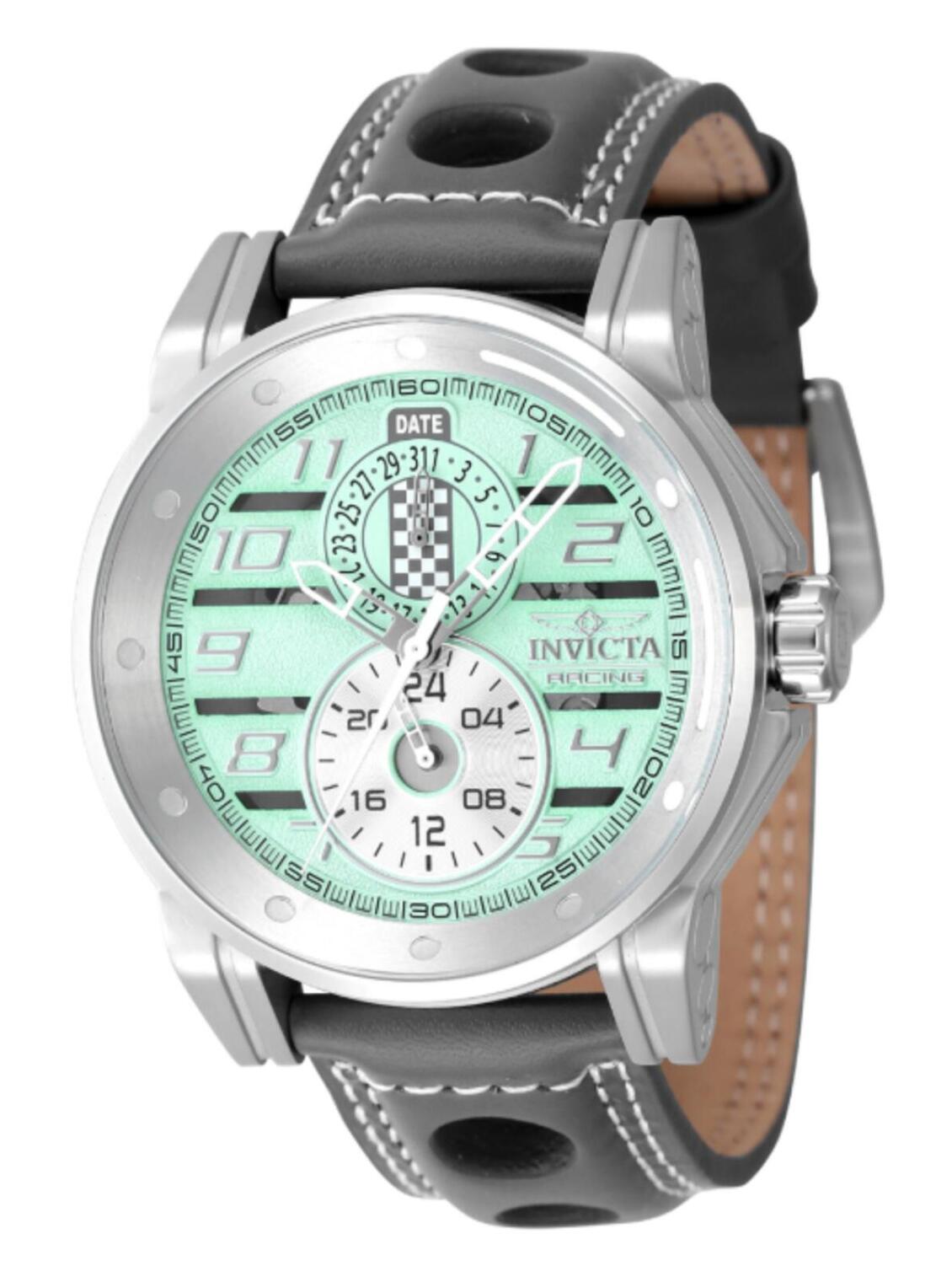 Invicta Racing Mens Mint Green Dial Grey Leather Strap Watch